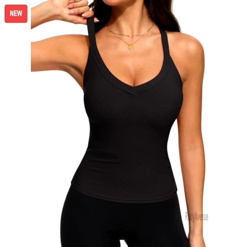 V Neck Racerback Tank Top, Ribbed Workout Top, XS-XL - Picture 2 of 6